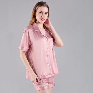 Silk Satin Pajamas Women, ShortSleeve Silk Pjs for Women Set, Two-piece Button-D